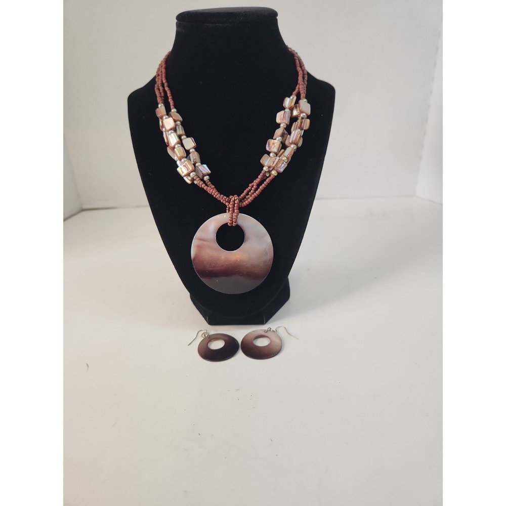 Boho Glass Seed Bead & Shell Multi Strand Statement Necklace Earring Set 18.5"